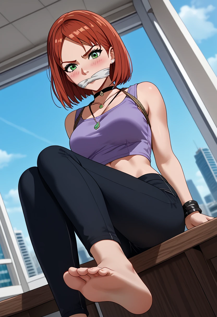 score_9, score_8_up, score_7_up, source_anime, rating_safe BREAK mary jane watson, 1girl, red hair, parted bangs, short hair, green eyes, medium breasts, pendant, necklace, black choker, purple shirt, crop top, navel, midriff, bracelet, black pants, closed mouth, dutch angle, standing, looking at viewer, from below, cityscape, sitting, barefoot, toes, soles, feet, intricate details, perfectly drawn foot, each foot has five toes, bondage, bound arms, arms behind back, bound torso, rope over the clothes, gagged, cleave gagged, gag over the mouth, indoors, angry, blush,
