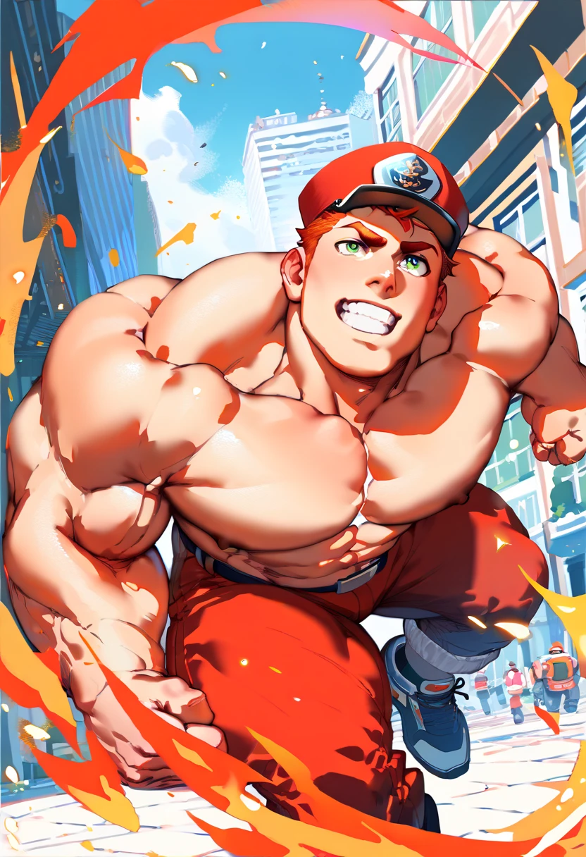 (8k,   RAW photos ,   top quality  ) ( masterpiece ,   top quality  ,   Details:1.2) Muscular man in his 30s  ,   expressive eyes  ,  redhead,   green eyes,   running into a building fire  ,   he is wearing a red latex thong and firefighter hat., huge lump,