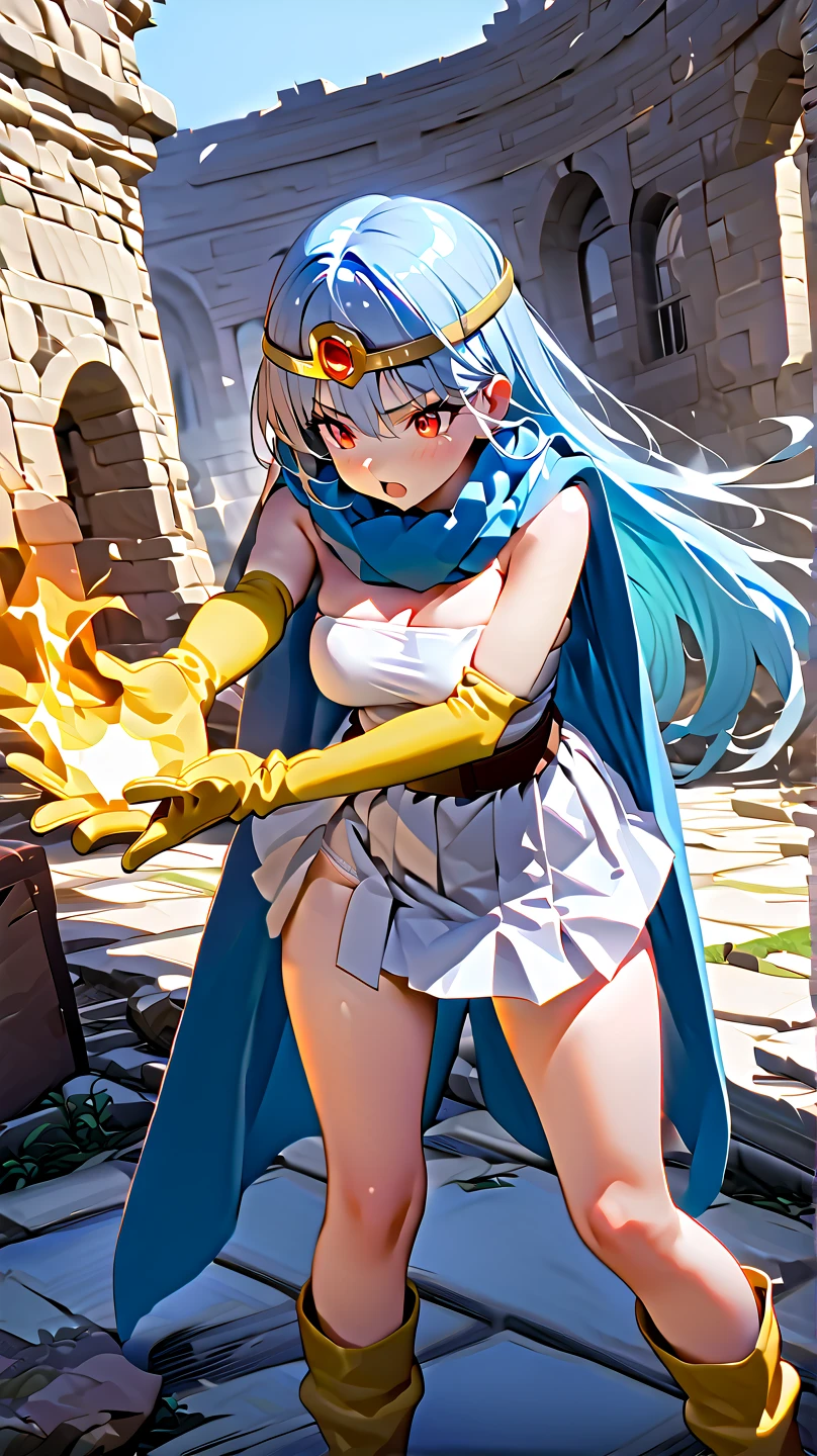 (                        girl),(  top quality , 8k, masterpiece:1.3),(                                  beautiful eyes , )(                                   medium breasts   ),( Amazing vibe                                    ),                                   Ultra-fine       , Sparkle Effect,           
 standing,   Ancient castle,Ancient ruins,

  Serious Face ,
                        open your mouth                       ,       
           clevis on a stone,

,
         White Strapless Dress       ,  white mini skirt,Brown belt,      Yellow Elbow Glove      ,Yellow Boots,

          Light Blue Long Hair ,          red eyes,       BLUE SCARF ,  blue cloak


gold circlet red jewel  ,


 Unleash the magic of fire from your hands   , Magic Rim ,   turn your skirt upside down and you can see your white panties ,