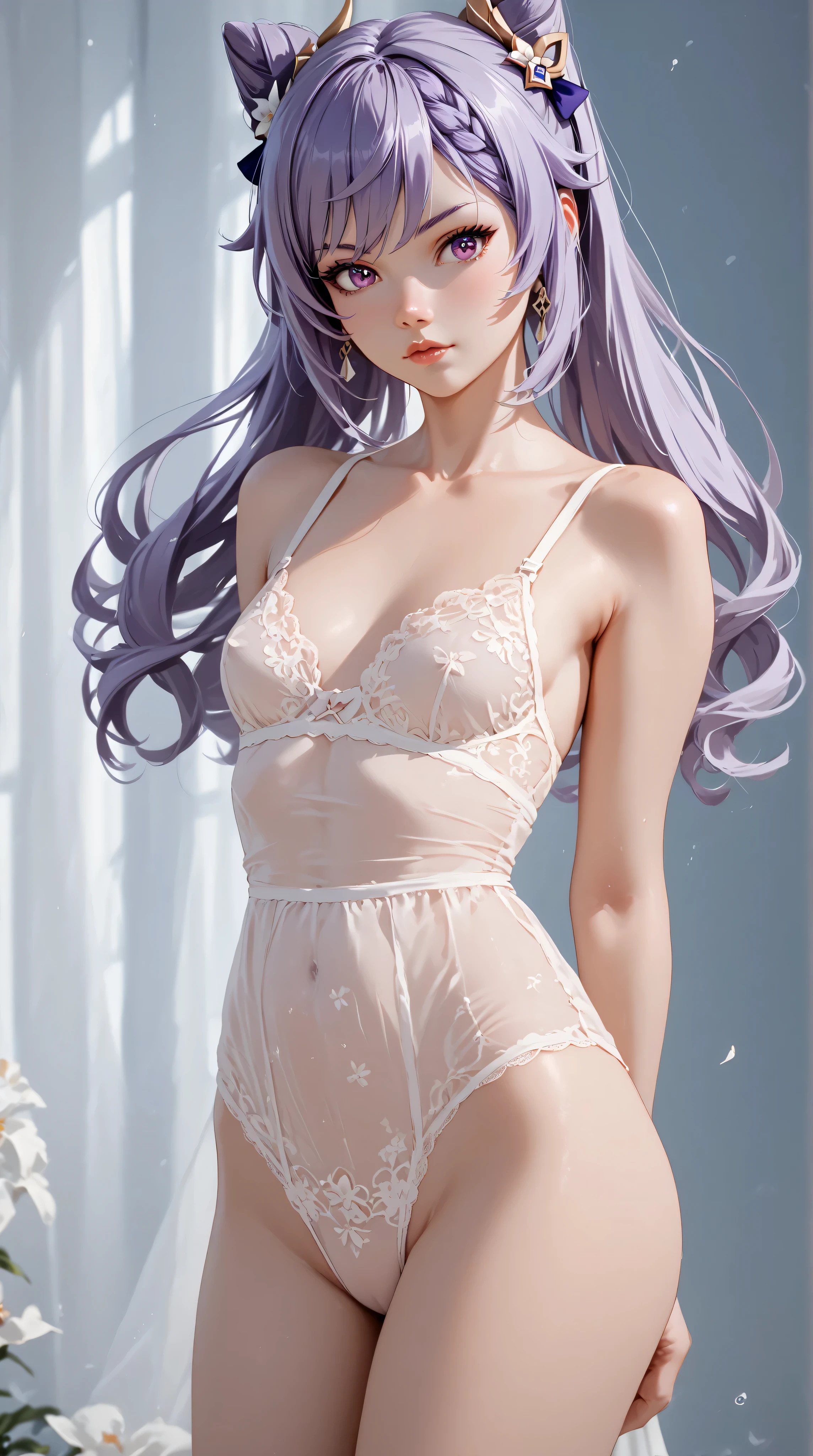 Keqing from genshin impact, purple hair, purple eyes, small breasts, slender legs, lingerie, standing in a relaxed contrapposto pose with her hands behind her back, she’s facing viewer straight, having a dramatic, neutral expression on her young face, her tank top revealing pronounced cleavage and sideboob, her long hair fluttering in the wind, with a pale color gradation, blending retro elements, contemporary digital art, and surrealism, with intricate details, 