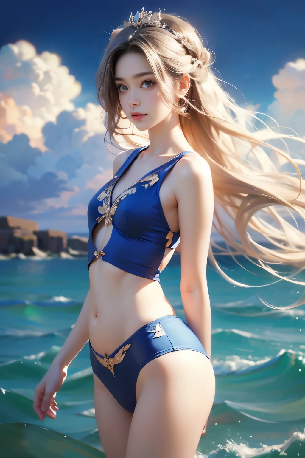 (max resolution: 1.2), (Ultra HDTV: 1.2), 8K resolution, Eye and skin details, detailed facial features, , (Sharp focus: 1.2), (Focus focus) facial expressions: 1.2), Girl, cute, glasses, Swimsuit, White bikini, (long hair), Beach view, Some coconut trees