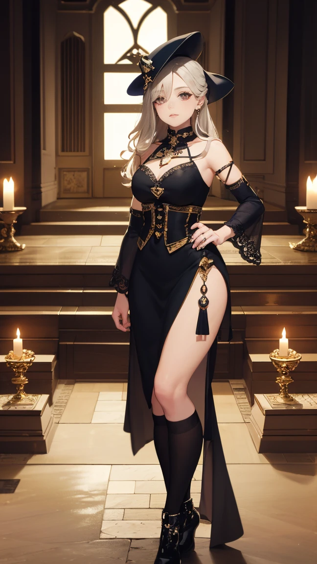 (masterpiece), (Artwork), (great work), (Fine grain), (Delicate skin), (heterochromatic eyes), (Multicolor), (Short white hair with bangs), (Sparkling eyes), (One girl) Wearing a witch hat, Ancient, old, Dressed in gorgeous medieval costume, masterpiece, highest quality, Best Designer, Best illustrations