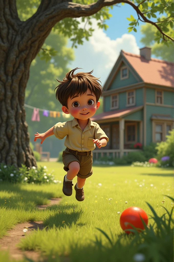 A playing in the garden of a country house. The boy's name is written Sami and birds are flying around him.