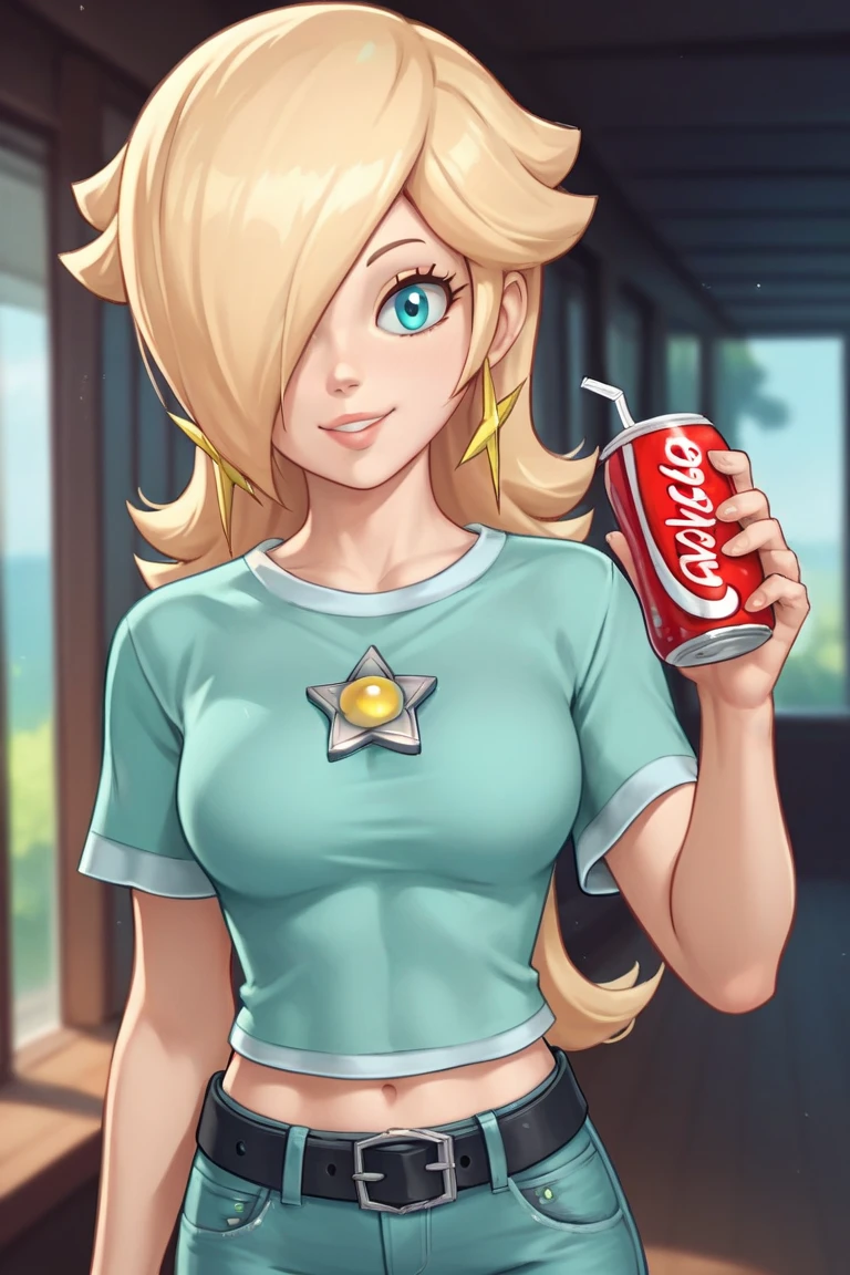 score_9, score_8_up, score_7_up, source_anime, rosalina, blonde hair, blue eyes, hair over one eye, long hair, star earrings, solo, cowboy shot, black t-shirt, taut clothes, tight shirt, midriff, jeans, black belt, smile, drinking soda