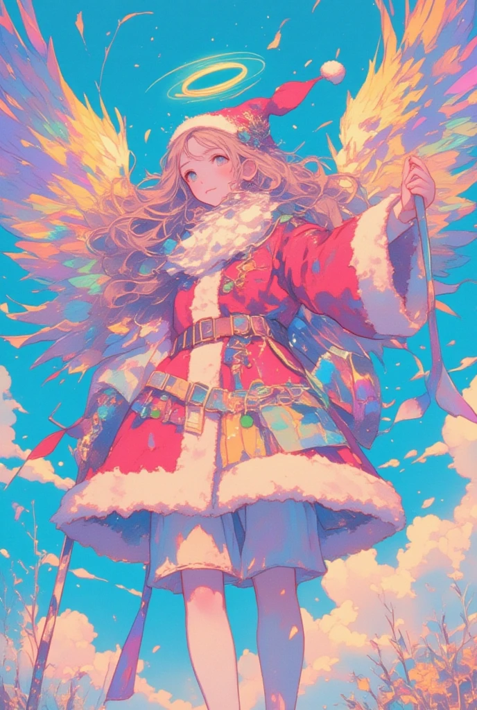 Santa Claus girl with feathers ,Angel's halo,Iridescent Feathers,Lisa Frank,   Lisa Frank style ,  Leslie David and Lisa Frank ,  Lisa Frank's artistic style , inspired Lisa Frank, Full color airbrush ,  Alex Yanez and Lisa Frank , angel,  Santa Claus girl like Angel, Wide Shot 