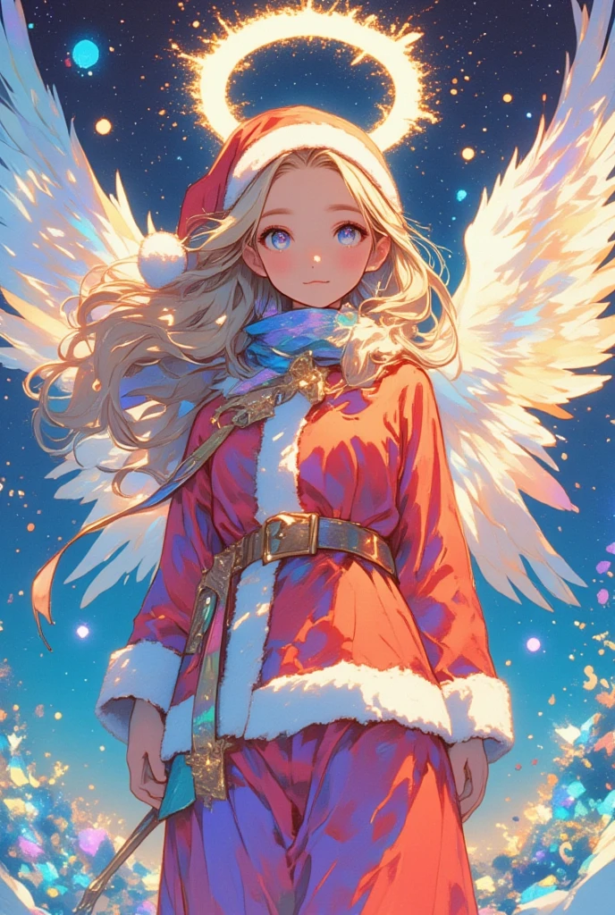 Santa Claus girl with feathers ,Angel's halo,Iridescent Feathers,Lisa Frank,   Lisa Frank style ,  Leslie David and Lisa Frank ,  Lisa Frank's artistic style , inspired Lisa Frank, Full color airbrush ,  Alex Yanez and Lisa Frank , angel,  Santa Claus girl like Angel, Wide Shot 