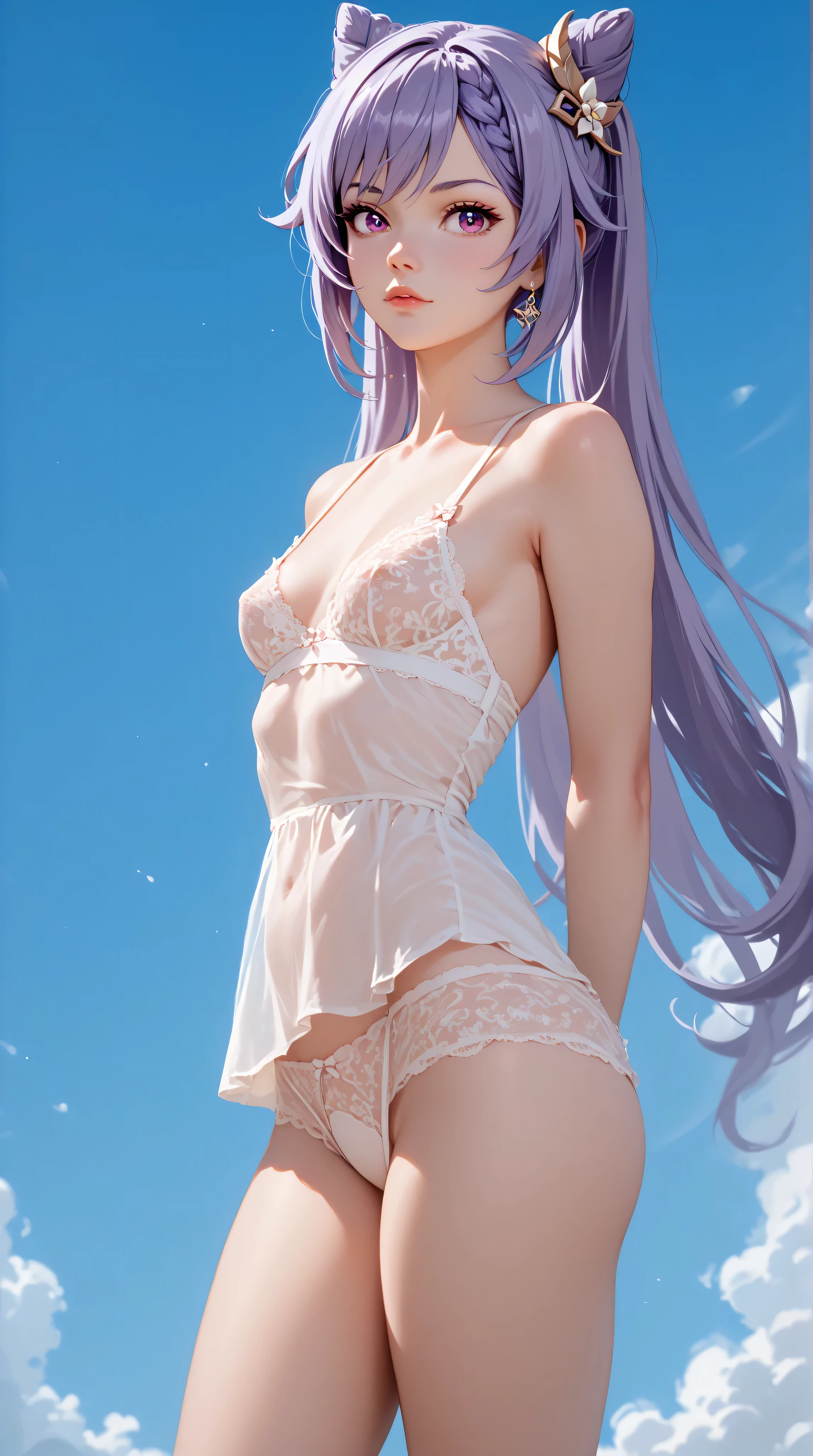 Keqing from genshin impact, purple hair, purple eyes, small breasts, slender legs, lingerie, standing in a relaxed contrapposto pose with her hands behind her back, she’s facing viewer straight, having a dramatic, neutral expression on her young face, her tank top revealing pronounced cleavage and sideboob, her long hair fluttering in the wind, with a pale color gradation, blending retro elements, contemporary digital art, and surrealism, with intricate details,