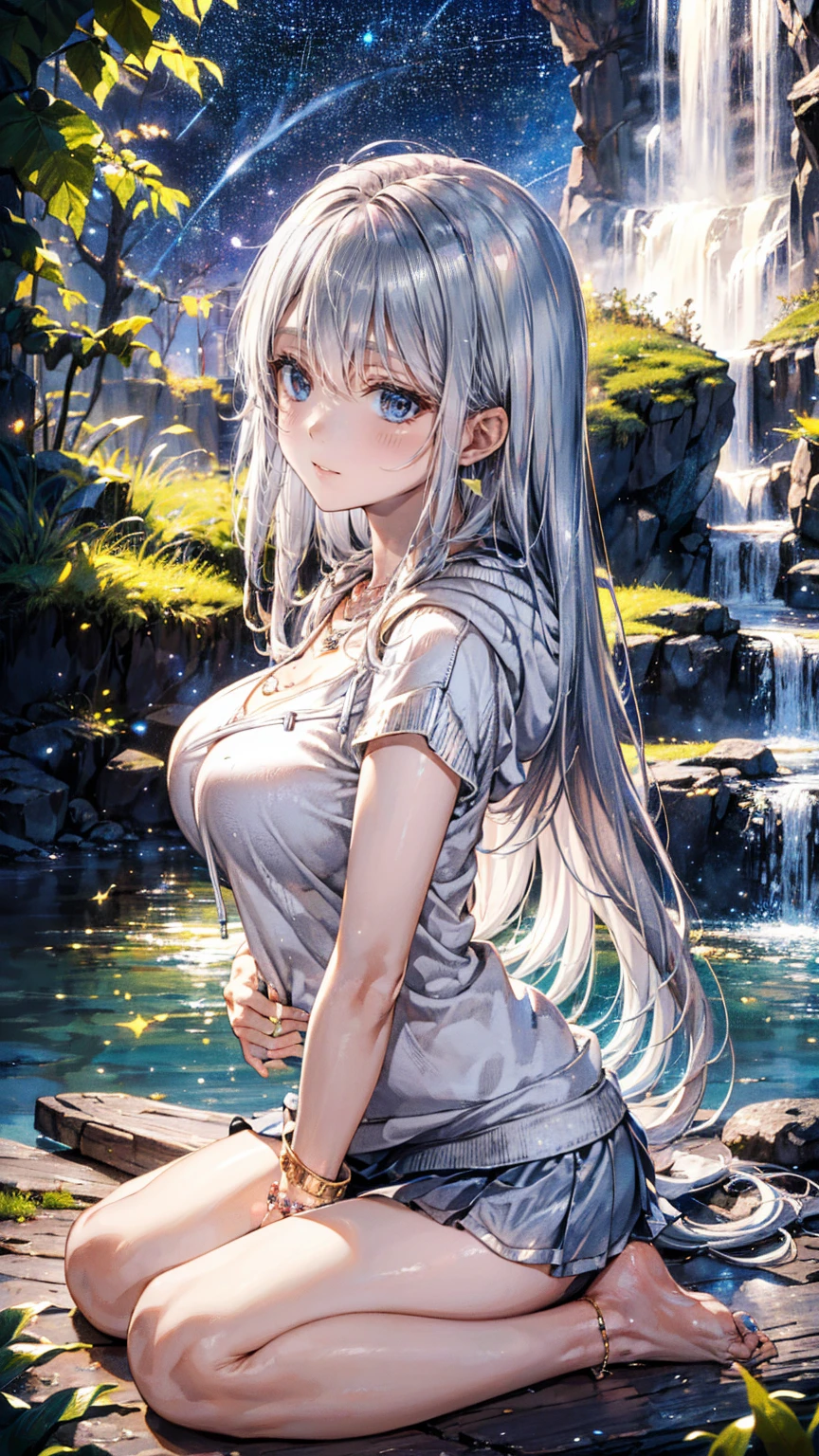 (((Highest quality、masterpiece、Very high resolution、Highly detailed images、Detailed explanation)))、(A woman of perfect and ultimate beauty:18-year-old, Beautiful body:Slender and beautiful breasts、Beautiful Face:smile、Beautiful Hair:silver)、(Best skin and hair texture)、(((フルnude:nude:Have pubic hair,Shoulders are exposed,I can see your thighs))),((Beautiful waterfront:Beautiful autumn foliage and waterfalls,Beautiful starry sky,Natural light,Beautiful views,Beautiful colors)),(Water Play,Beautiful pose,Model shoot,Hair flutters under the influence of the wind),Beauty Painting,Realistic portraits,Overall image、Accurate Images、Accurate anatomy、Flawless images,(Best Shot,RAW Photos:1.2)