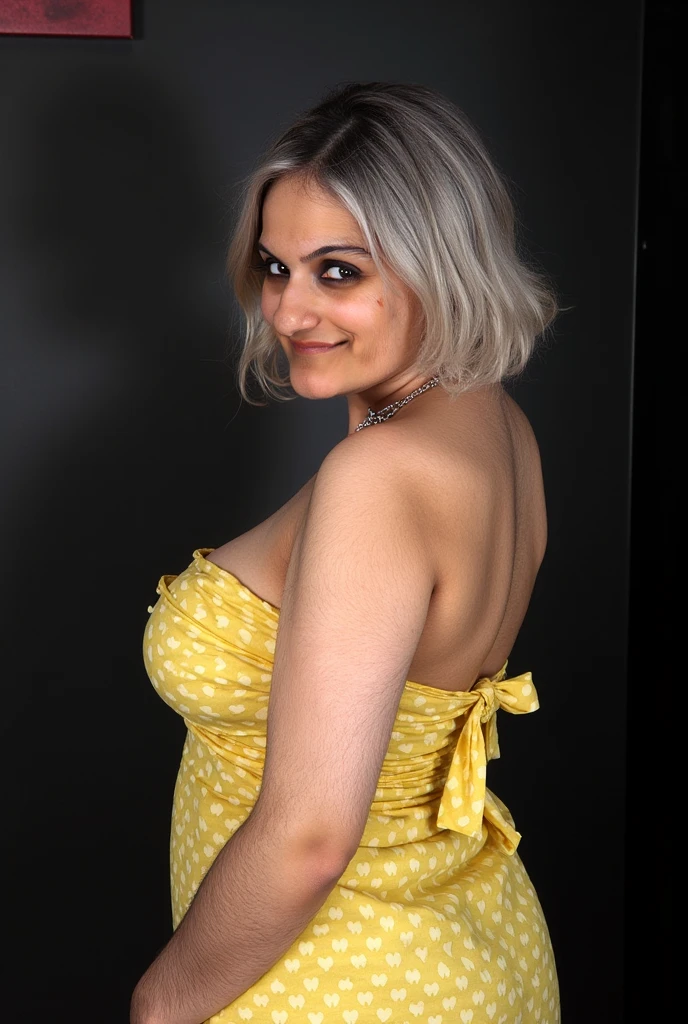 1 mature woman in, 40 years old, Alone, medium casual hair, Bob hair, curvy body, Looking at Viewer, grayblondehair, Bare shoulders, Brown eyes, jewely, Full body, a necklace, off shoulders, (wearing elegant patterned yellow heart tie dresses ), Distant photo, Realistic, A sexy one, beautiful colour, Perfect skin, 3 bust size, instagram (Realistic, A high resolution),photo size 3:4, 1 cute sexy mature woman, large expressive blue eyes, happy, (8K, raw photo, Best quality, High detail, curvaceous forms, curvy body, seductive pose, in the studio Foto with three ports lighting, with black wall background. Her back is turned to the photographer. RAW photo, photorealistic, film grain, ultrarealistic photograph of beautiful blonde naked voluptuo Kiki standing model in a photographic studio, (blonde pixiecut hair), (nude breasts, natural skin texture, skin imperfections), (naked voluptuous breasts:1.2), (timid smile), photorealistic, art by Jamie Hawkesworth