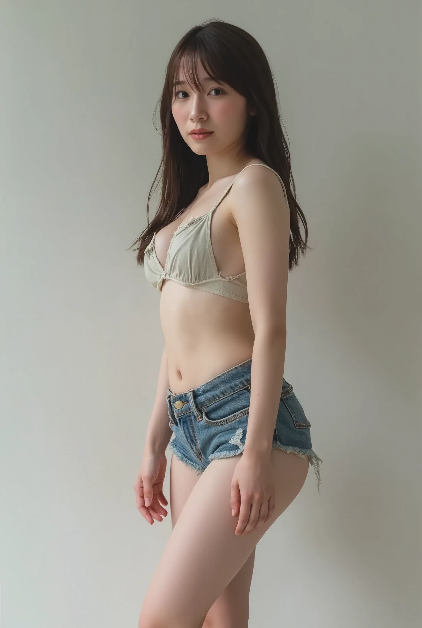  Girl、 Full Body Lesbians、 cropped tank top 、 bra very 、 slender body 、Large bust、Slim Girl Model、24 year old female model、 beautiful body 　 facing forward 　navel out 　 lower abdomen all 　Showing off a beautiful belly 　 denim shorts that are too ripped 　 tattered denim shorts 　 Thighs exposed 　 shabby very small camisole 　 very short small camisole 　  denim shorts are too short  　 show all genital shapes 　 the shape of the genitals is fully visualized 　 thin Small denim shorts with only strings　 low rise denim shorts 　  genitals visible 　 show more of the lower abdomen 　 super high definition 　 ULTRA - HIGH DEFINITION　8k　Shorts are short 