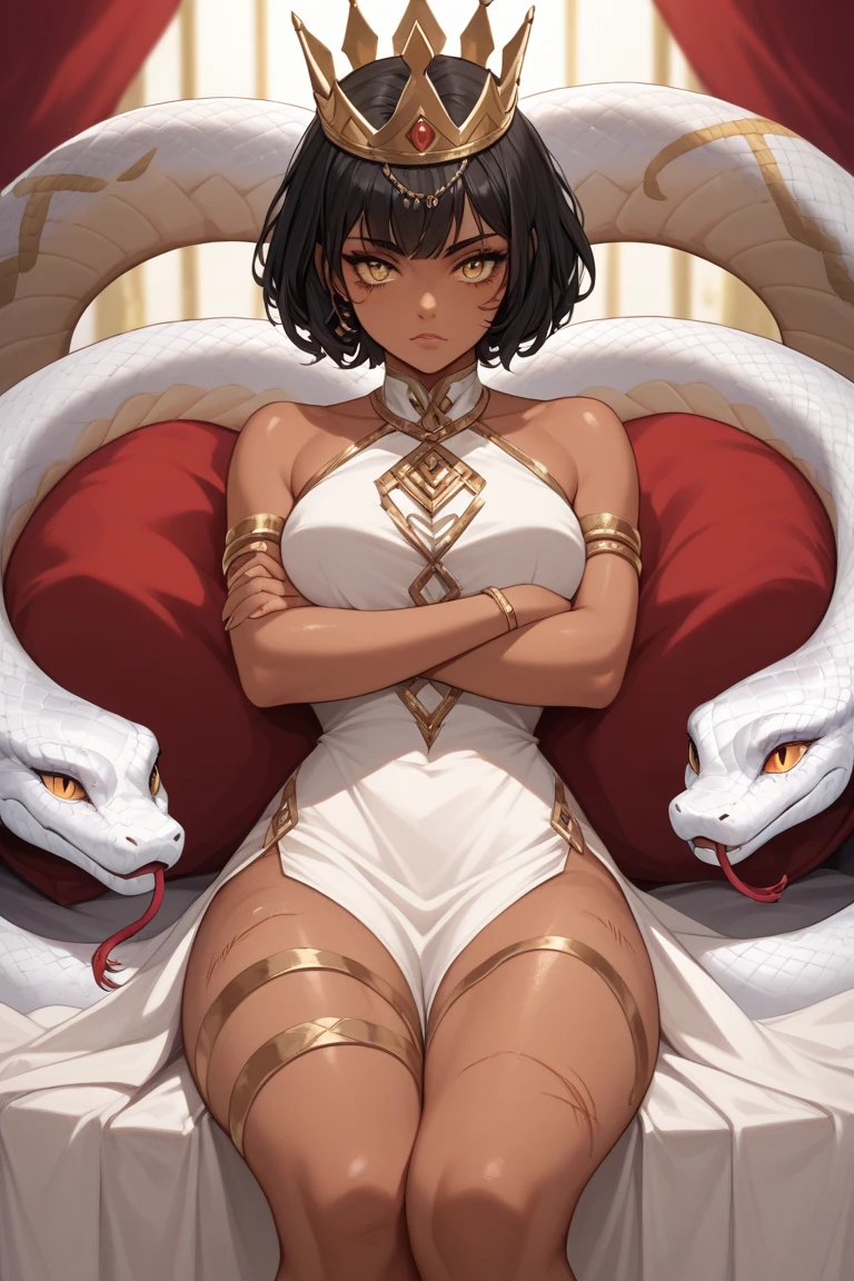 1girl, black bob hair, tanned skin, golden eyes, white dress with cuts on the thighs, crown with snake details, arms crossed, bedroom