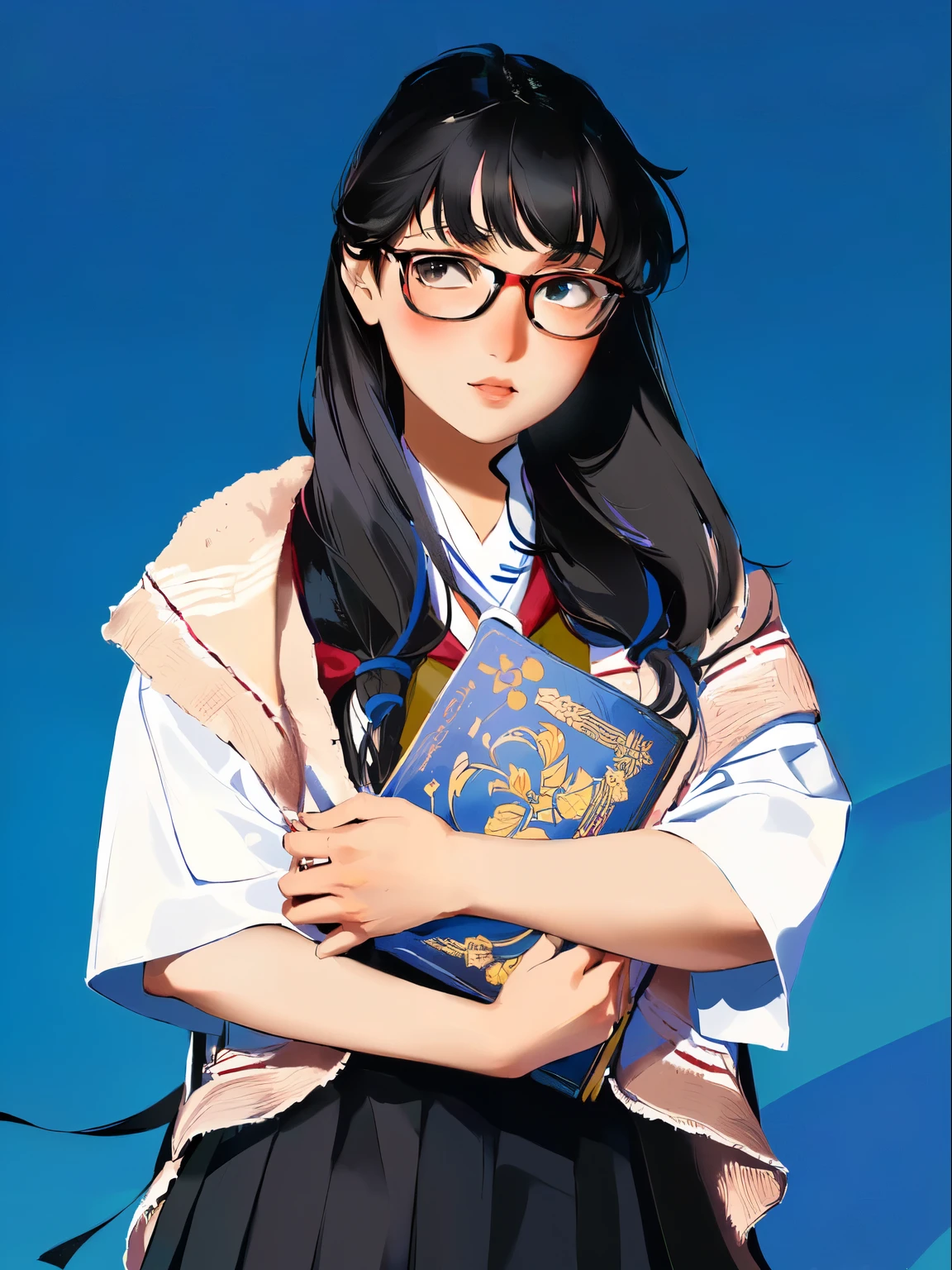 arafed asian woman holding a book and wearing glasses, student, seifuku, with glasses, cover photo portrait, mid shot portrait