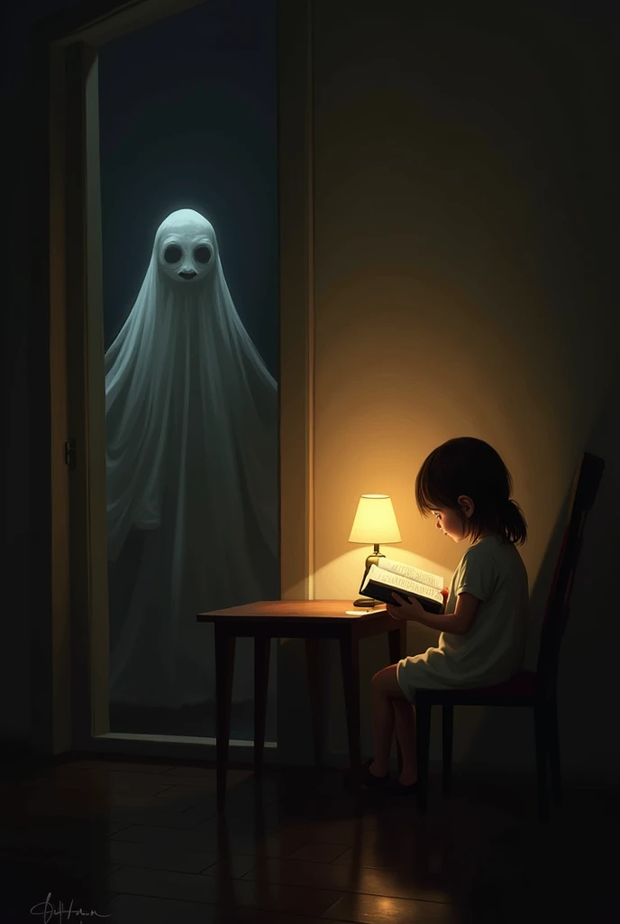 The girl freezes in fear as she catches a glimpse of a ghostly figure in the reflection of an old, cracked mirror on the library wall. The ghost is partially visible, its form translucent and menacing, lurking just out of full sight