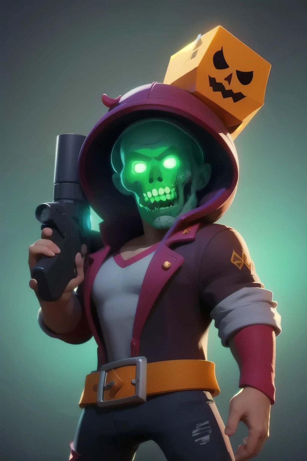 a close up of a person holding a gun and a flashlight, ((a hotting zombie, Monster, horror)) , brawl stars, splash art brawlstars, epic art style, blaster fire bright as neon, game character, in game style 8k, merged character, fortnite art style, stylized character, holding a blaster, slick clammy skin, clash royal style characters, mobile game style, new character