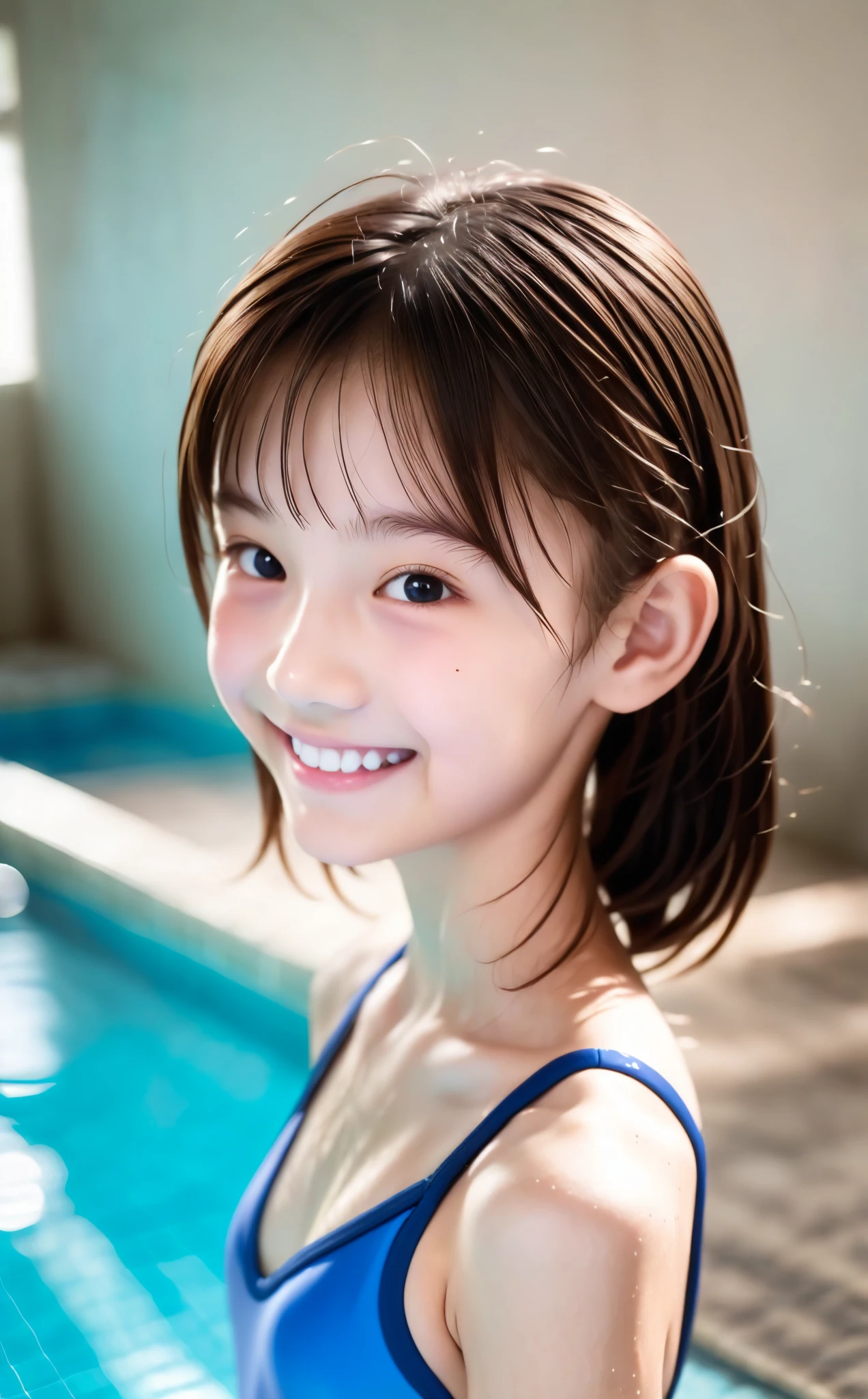 8yo, elementary school students,very small breasts that have begun to bulge,hair clip,School Swimsuit,  wet,Indoor swimming pool,Narrow shoulders,Thin arms, very thin :1.5, shot from the side,Smiling faintly,Young, short