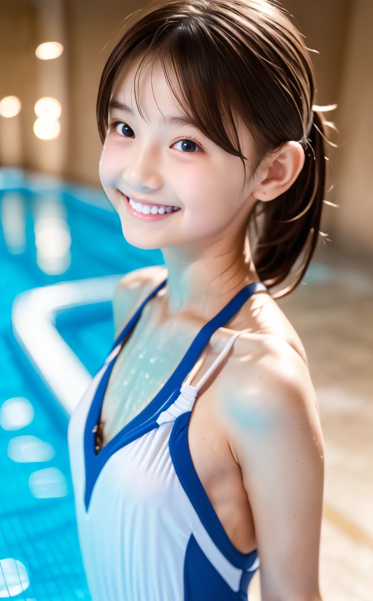 8yo, elementary school students,very small breasts that have begun to bulge,hair clip,School Swimsuit,  wet,Indoor swimming pool,Narrow shoulders,Thin arms, very thin :1.5, shot from the side,Smiling faintly,Young, short