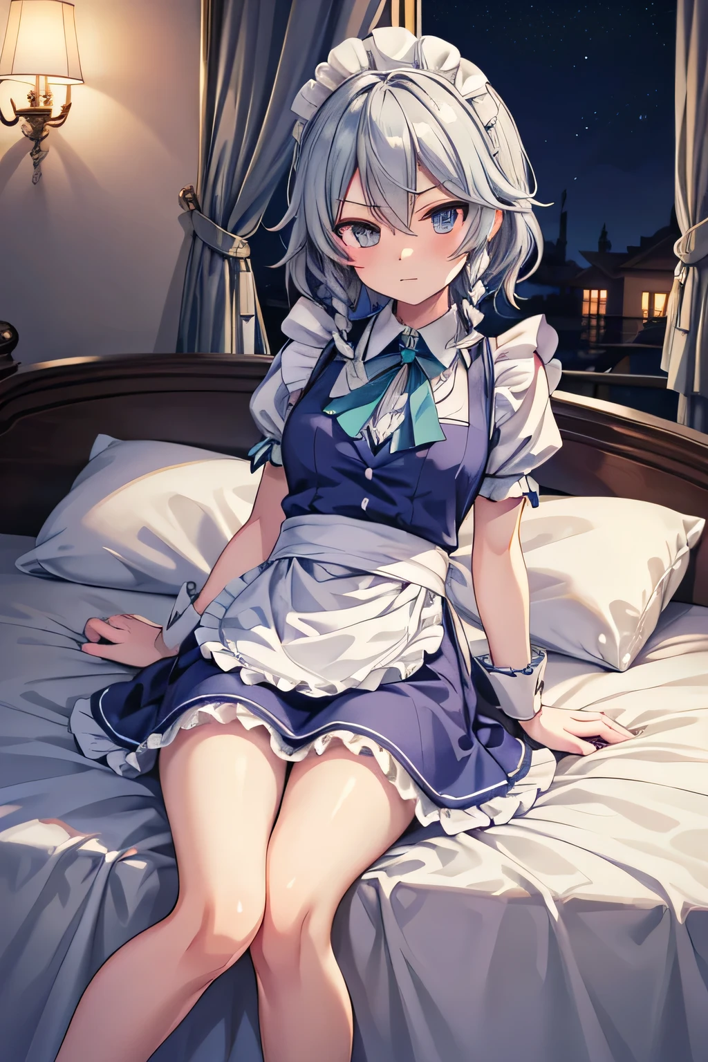 anime styled, The ultra -The high-definition, alice in the wonderland, Super cute girl, a blond, long, shame, A gentle and inviting smile, light blue fluttering short dress, frilldの付いた白いエプロンスカートを重ねる, frilld, B-cup breast, Light blue fluttering mini skirt, 靴下はつま先から太ももの真ん中までのlongめの白いニーハイソックスです。., and draw the full body, Inside an old Western-style building, absurd worldview, A window that lets in bright sunlight, Her clothes are a little disarrayed and her breasts are exposed.., Lie down on the bed, Lying down and looking at me, Lying Pose, Reach out to the camera,legs slightly apart, Her clothes are a little disorganized and her breasts are visible.., Draw the nipples too., You can see the crotch from the hem of the skirt, Light pubic hair in the crotch
