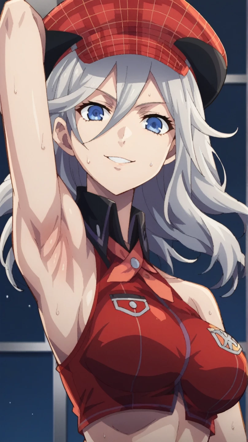 score_9, score_8_up, score_7_up, source_anime, anime screencap, 1girl, solo, alisa god eater, long hair, silver hair, wavy hair, alisa god eater outfit, large breasts, blue eyes, hat, red strap, midriff, under breasts, bangs, arm behind head, armpit, looking at viewer, head towards viewer, smile, badhandv4, indoors, night, bare shoulders, bare arms, from side, from below, sweaty armpits, elbow gloves,