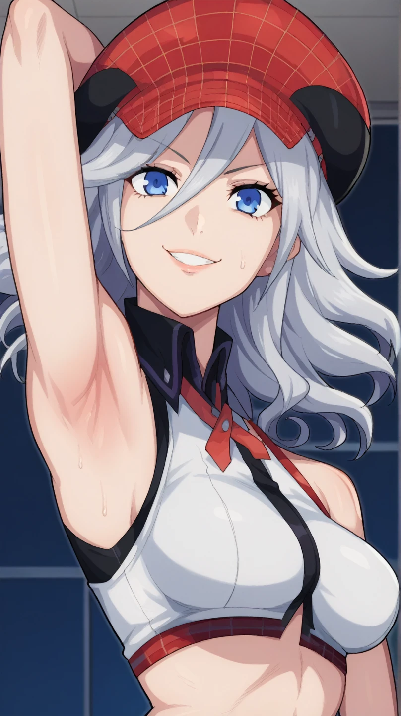 score_9, score_8_up, score_7_up, source_anime, anime screencap, 1girl, solo, alisa god eater, long hair, silver hair, wavy hair, alisa god eater outfit, large breasts, blue eyes, hat, red strap, midriff, under breasts, bangs, arm behind head, armpit, looking at viewer, head towards viewer, smile, badhandv4, indoors, night, bare shoulders, bare arms, from side, from below, sweaty armpits, elbow gloves,