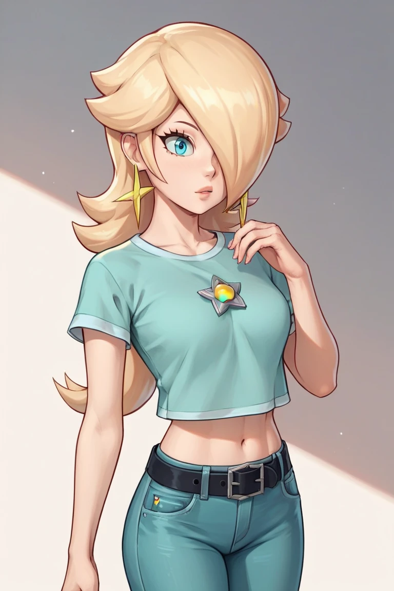 score_9, score_8_up, score_7_up, source_anime, rosalina, blonde hair, blue eyes, hair over one eye, long hair, star earrings, solo, cowboy shot, black t-shirt, taut clothes, tight shirt, midriff, jeans, black belt