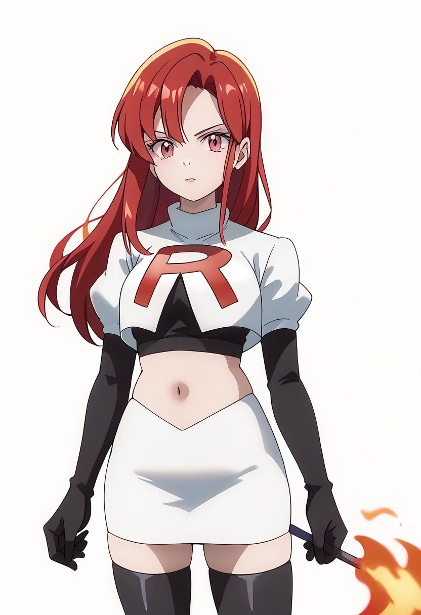 score_9_up,score_8_up,score_7_up,DL_MS,1girl,solo,fire,long hair,red hair,pink eyes,white_background,simple_background,team rocket,team rocket uniform,white skirt,red letter R,crop top,black thigh-highs,black elbow gloves, cowboy_shot,