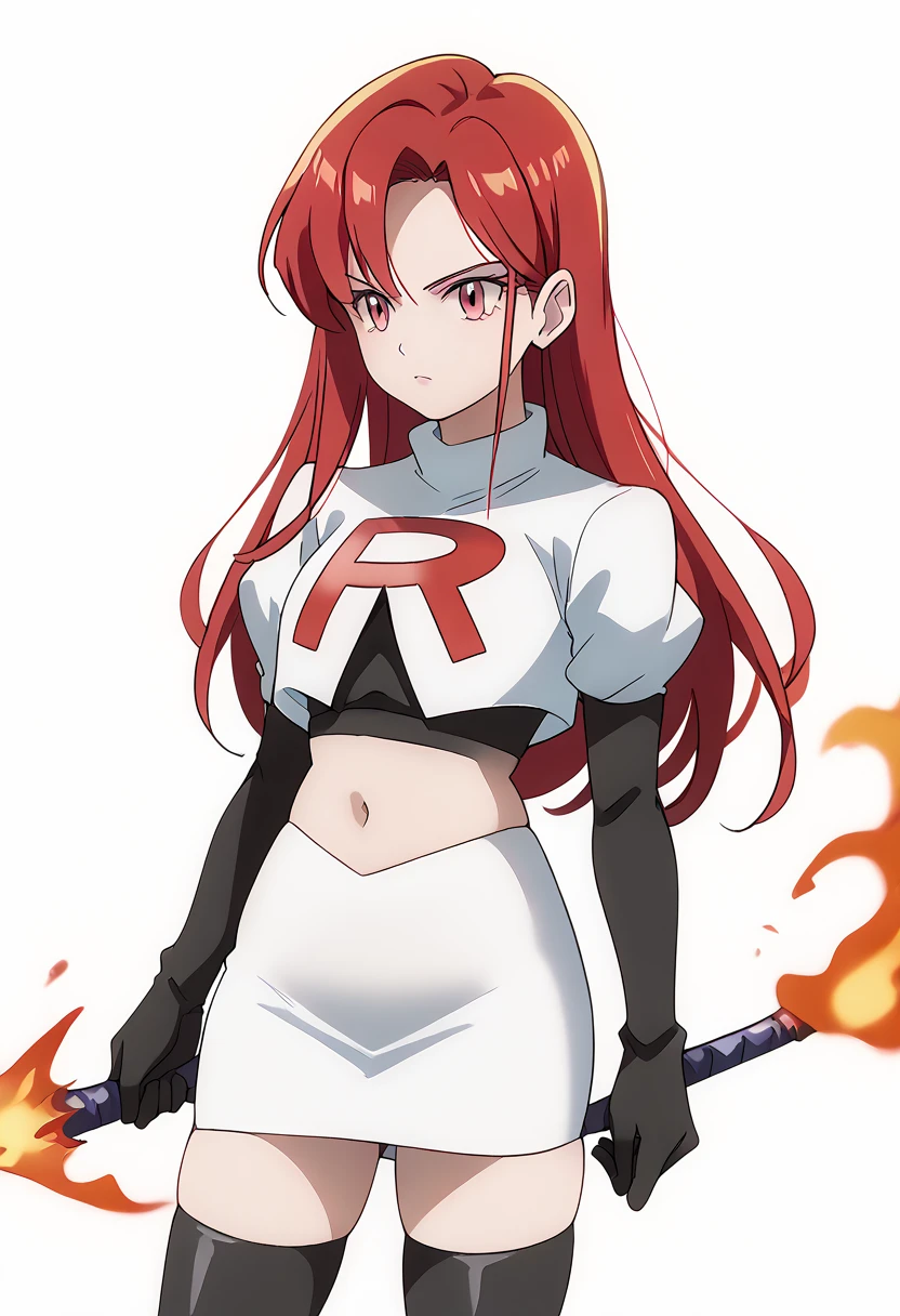 score_9_up,score_8_up,score_7_up,DL_MS,1girl,solo,fire,long hair,red hair,pink eyes,white_background,simple_background,team rocket,team rocket uniform,white skirt,red letter R,crop top,black thigh-highs,black elbow gloves, cowboy_shot,