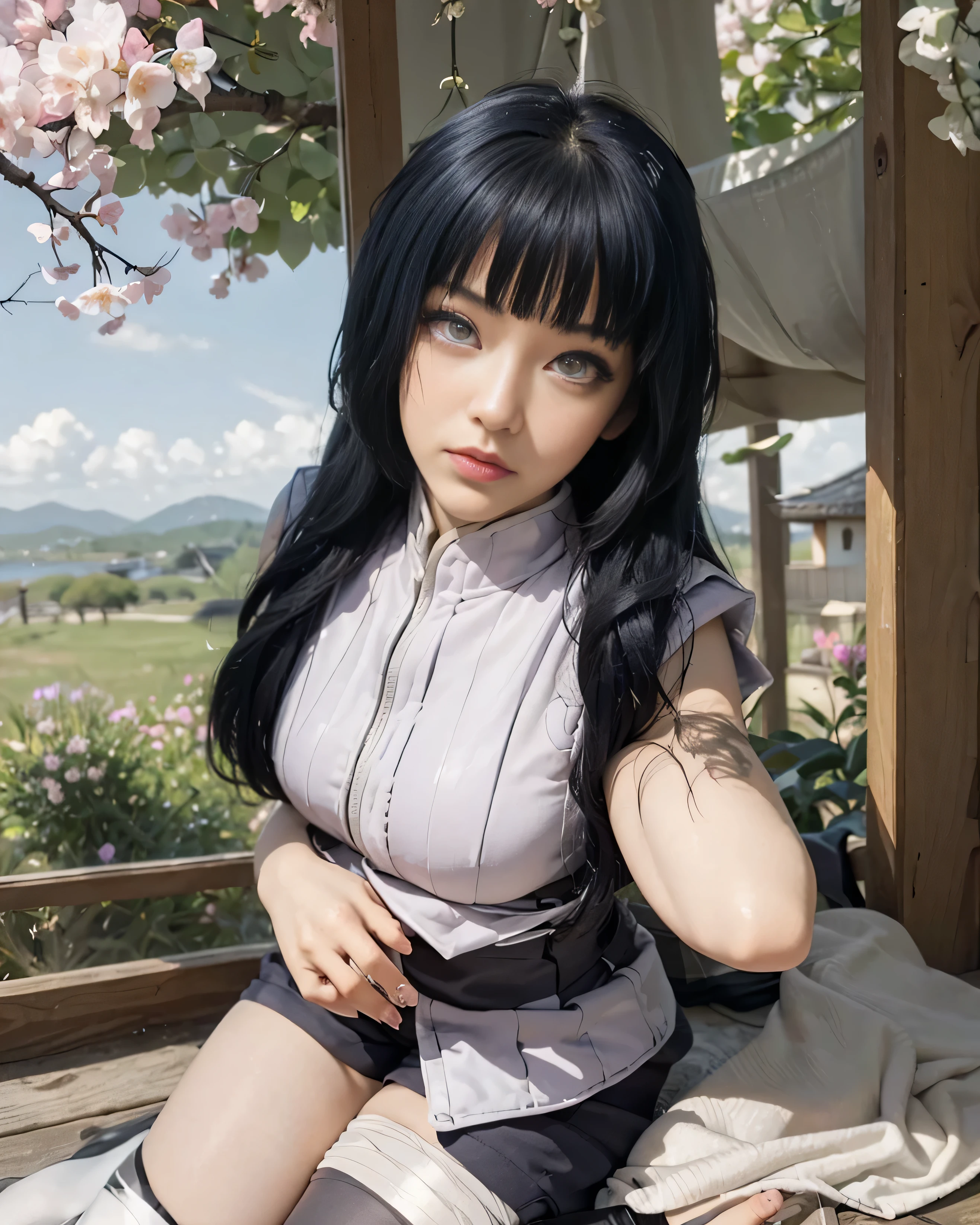 ((HYUGA HINATA_NARUTO)) photorealistic)),(highlight hair)), Light reflection, (( HD )),((upper body)), (((best quality, masterpiece))), (masterpiece) (best quality) (detail) (8k) (HDR) (wallpaper) (cinematic lighting) (sharp focuasterpiece, best quality: 1.1), Real life adaption of this character, realistic outfit, realistic shadow, realistic light, realism, hyper realistic, realistic background,realistic hair,(photorealistic:1.2), (masterpiece: 1.2), (best quality: 1.3), (clear details: 1.3), ((((ultra-detailed)))), ((detailed eyes)), (extremely detailed face:1.4), (highly detailed eyelash:1.6),
(Masterpiece, Best quality, best shadow), (detailed background),(masterpiece, best quality:1.2), 1girl, solo,masterpiece, best quality, 1girl,ChopioHyugaHinata, long hair, black hair, straught hair, shiny hair, blunt bangs, white eyes, no pupils, (looking at viewer:1.3), mature female, large breasts,
outfit_1, white shirt, ribbed shirt, sleeveless, waistband, purple shorts, bandaged leg, thigh pouch, black thighhighs, knee boots, black footwear, toeless footwear,
white eyes, white pupils, facial mark, veins,Japanese house background, green garden, blue sky, cherry blossoms,Sit