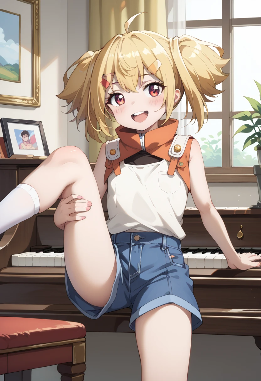 (( top quality )), ((masterpiece)), (be familiar with),  perfect face, indoor, bedroom, Watching viewers,
One woman, Yuen Hui,
 open mouth,  ecstatic expression beside the piano, blush, smile,
 small ,  flat chest, Young girl, Lori,  ****,  girl,
Short Hair,  twin tails,
Leg spread,