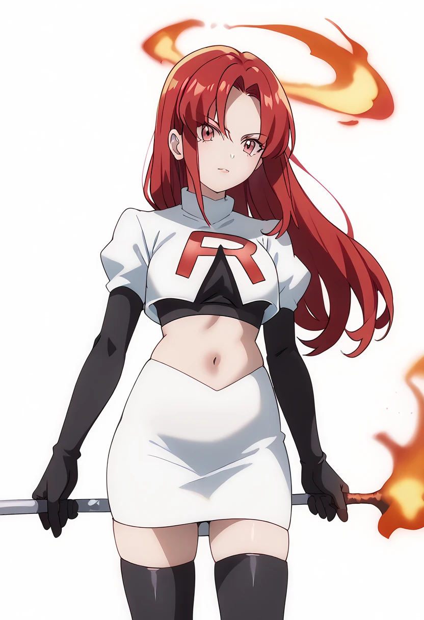 score_9_up,score_8_up,score_7_up,DL_MS,1girl,solo,fire,long hair,red hair,pink eyes,white_background,simple_background,team rocket,team rocket uniform,white skirt,red letter R,crop top,black thigh-highs,black elbow gloves, cowboy_shot,