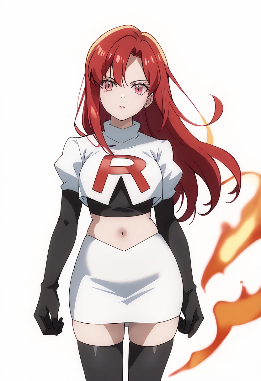 score_9_up,score_8_up,score_7_up,DL_MS,1girl,solo,fire,long hair,red hair,pink eyes,white_background,simple_background,team rocket,team rocket uniform,white skirt,red letter R,crop top,black thigh-highs,black elbow gloves, cowboy_shot,