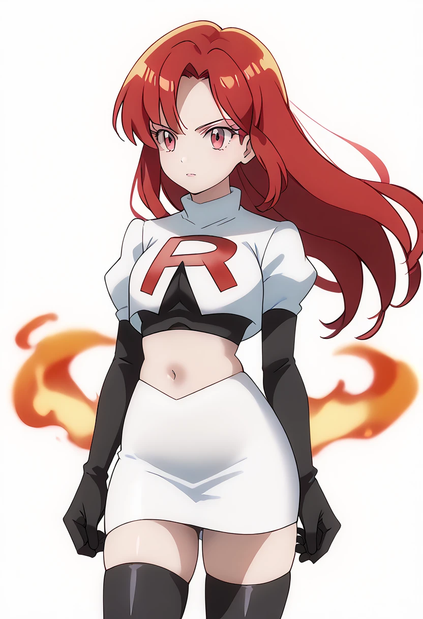 score_9_up,score_8_up,score_7_up,DL_MS,1girl,solo,fire,long hair,red hair,pink eyes,white_background,simple_background,team rocket,team rocket uniform,white skirt,red letter R,crop top,black thigh-highs,black elbow gloves, cowboy_shot,