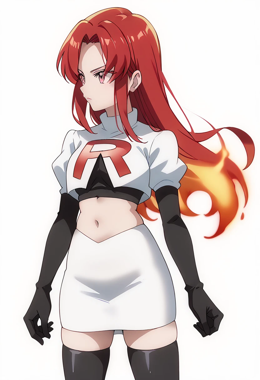 score_9_up,score_8_up,score_7_up,DL_MS,1girl,solo,fire,long hair,red hair,pink eyes,white_background,simple_background,team rocket,team rocket uniform,white skirt,red letter R,crop top,black thigh-highs,black elbow gloves, cowboy_shot,