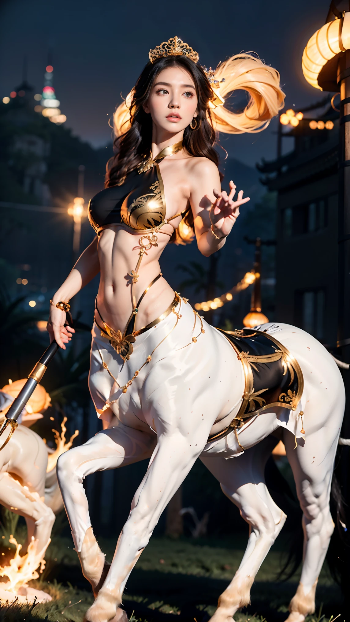 A female centaur，She is famous in the multiverse，She is both a female centaur, half human, half horse, half horse，It is also a female Yingzhao。She blends both images，The first is the head of a horse/neck/Shoulder these parts，After feminization，The upper body transforms into a beautiful female human，Female, half-centaur, half-human, half-horse, half-human，The second is the waist of the horse/hason/gluteal/Legs feminine，Female half-horse with beautiful woman's，Chimer，It's like a female human wearing a half-horse-like costume and making a seamless chimera，This chimerization is based on powerful futuristic technology。The ultra-wide-angle lens captures the image of her sleek and ethereal wings charging and leaping on the ionosphere。Her front half is distinctly feminine，Tall sexy body，Has K cup teardrop-shaped giant tit chest，It has a small man's waist butterfly spanning long legs，The half-horse part of the hind body，Embedded interface in the front half of the body hip position。The back half of her body is horse-shaped，Half-horse torso，The morphology is completely female and humanized，Start at the upper end of the sternum，Embedded in the lower back position of the beauty body，Sexy bent dog style shaped chest/lower back/Ventral transverse，Then there are the sexy beauty's upright hips，Her entire body has been completely feminized，Including the half-horse part，Mechanized armor covers the knee-shaped anti-joints and feet，And these parts are highly anthropomorphic，This gives her legs a graceful and slender line，She has four slender legs like a supermodel，Under the legs are skinny white feet dressed in Skyscraper Heels，Use Midjourney's advanced stroke tools and color palettes, as well as texture packs, model packs, and texture tools，Concentration，Femaleize all parts of her original equine physiologic appearance，And give these parts an ergonomic appearance，Fine treatment of the thoracic and abdominal cavity of the posterior body，As well as hips and legs，Tightly connected details