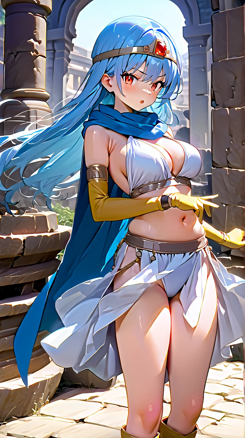 Very detailed,Highest quality,16K,High resolution,masterpiece:1.2),(Perfect hands,Perfect Legs),(Realistic,photoRealistic,photo-Realistic:1.37),One Woman, Sage, Red eyes, Blue Hair, Long Hair, Ahoge, Circlet, White Dress, gloves, Blue Cape, Yellow footwear Beautifully detailed sweat glands,Smooth skin texture,Carefully drawn, Vivid expression,(Big Breasts),Sticky with sweat,, Surrounded by bandits,Grabbed by the body