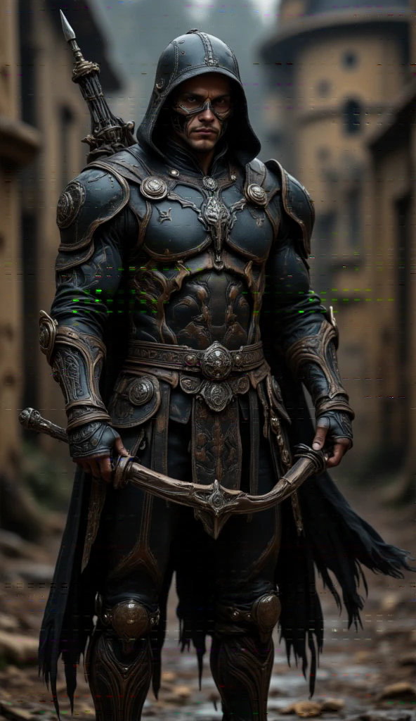 A full-body image of a muscular adult male.black leather full-body image 、face mask and mask hood, .black Skull Tactical Messenger Face Mask.a hooded person in invisible armor . wears leather armor, Tights.epic ninja suit, rogue.Leather fit to cover the whole body. smooth leather .Boy Teenage Assassin , stealth suit , Another World assassin , stand on the roof of a castle. . black night . Dark atmosphere .Low light.Weak lights cast dramatic shadows. Weird Another World atmosphere . Another World city. .whole body image.Handheld composite mechanical giant bow.full body photo.FANTASY
