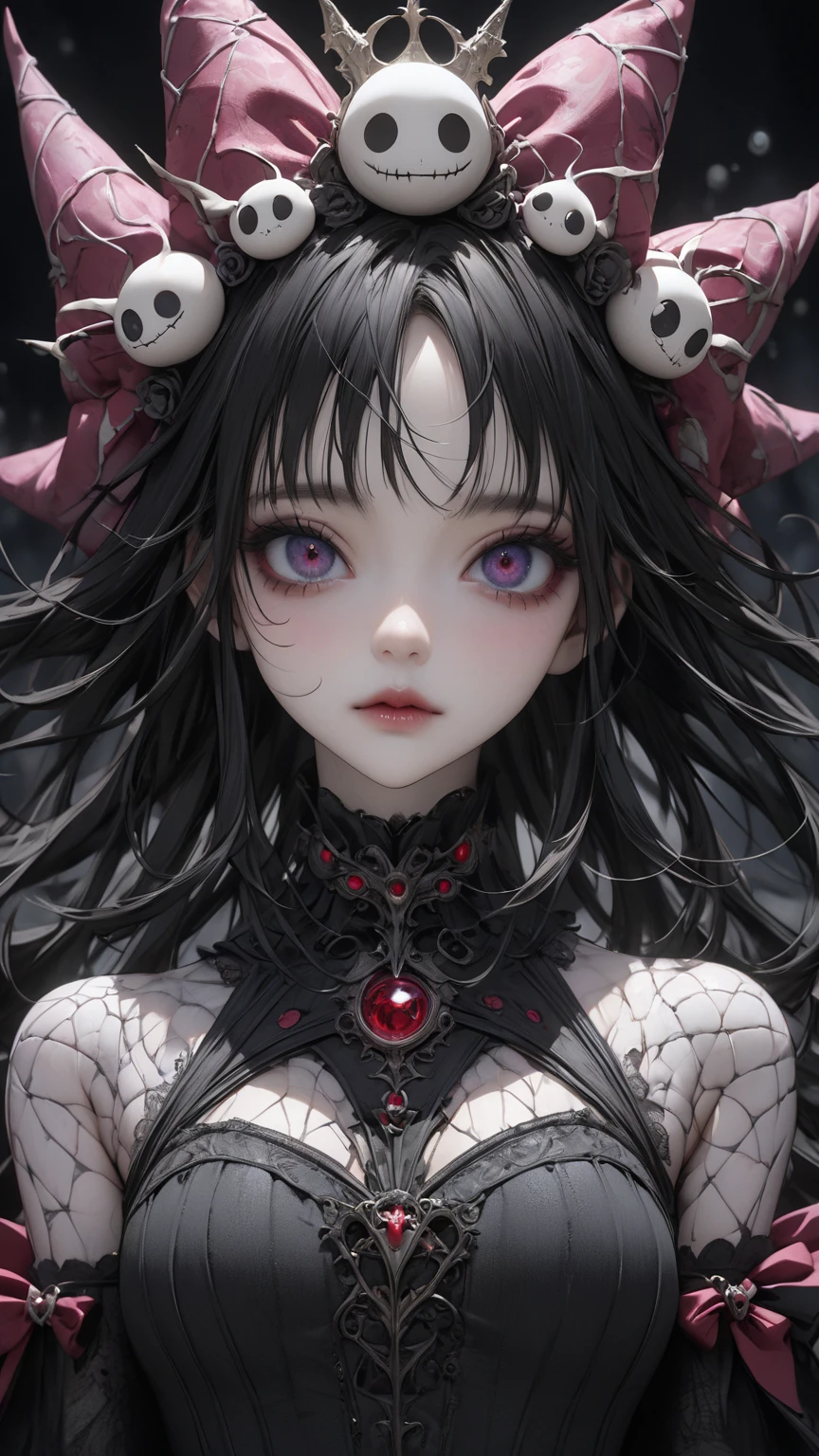 (Maximalism:1.5),(absurdres:1.5), (highres), (best quality:1.1), (ultra-detailed:1.1), (an extremely delicate and beautiful), 1 girl, (beautiful face), (detailed face), Devil,transparent black hair, long hair, devil horns, devil wings, flat chest, black gothic dress, beautiful face, (detailed face), portfolio, clear black hair, long hair, black darkness stirring background, glitter,( Zentangle:1.2),