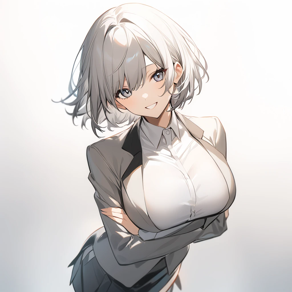 score_9, A girl, Big breasts ,to smile,gray hair, short hair,fringe, Shoulder showing _shirt,skirt_Suit,pantyhose, alone 