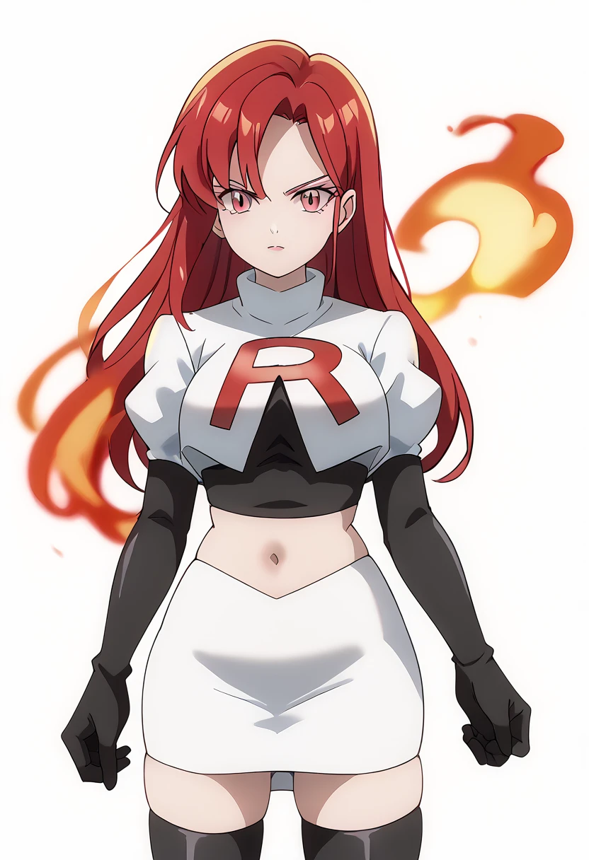 score_9_up,score_8_up,score_7_up,DL_MS,1girl,solo,fire,long hair,red hair,pink eyes,white_background,simple_background,team rocket,team rocket uniform,white skirt,red letter R,crop top,black thigh-highs,black elbow gloves, cowboy_shot,