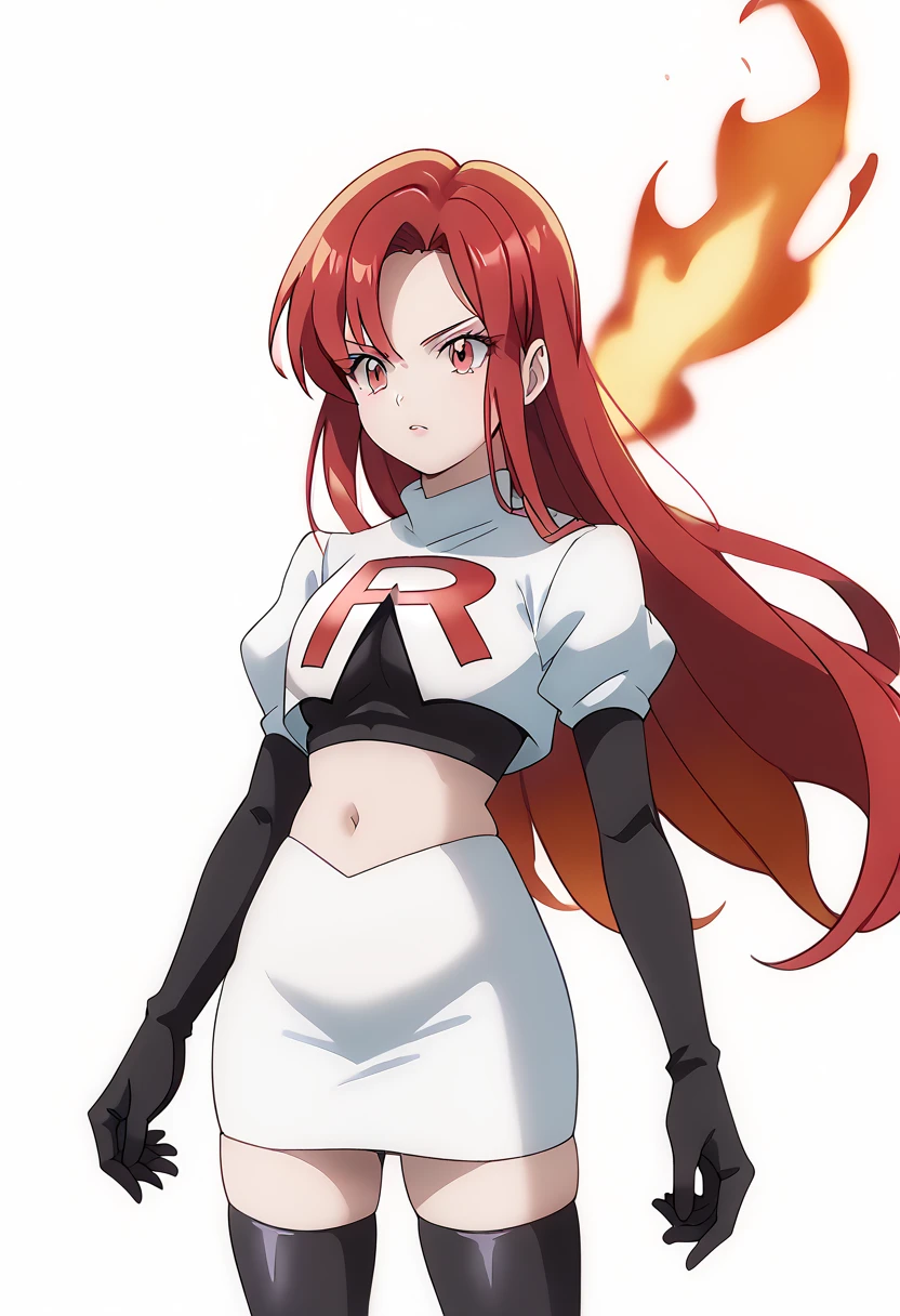 score_9_up,score_8_up,score_7_up,DL_MS,1girl,solo,fire,long hair,red hair,pink eyes,white_background,simple_background,team rocket,team rocket uniform,white skirt,red letter R,crop top,black thigh-highs,black elbow gloves, cowboy_shot,