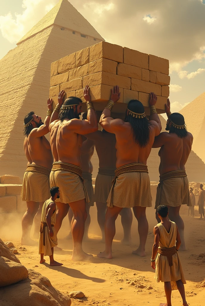 Create a zoom image of giant boulders being pushed by animated figures in ancient Egypt