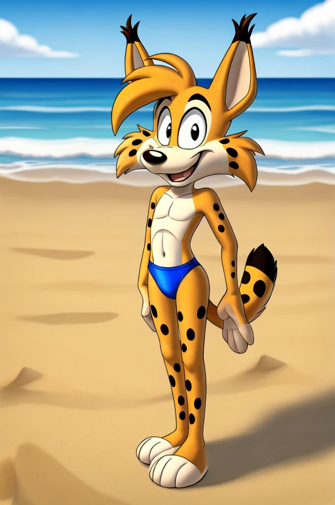 Lynx cartoon guy full length slim skinny in blue speedo on the beach with a happy face striped tail