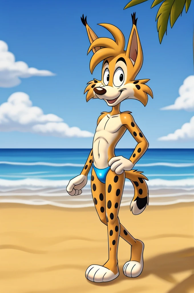 Lynx cartoon guy full length slim skinny in blue speedo on the beach with a happy face striped tail