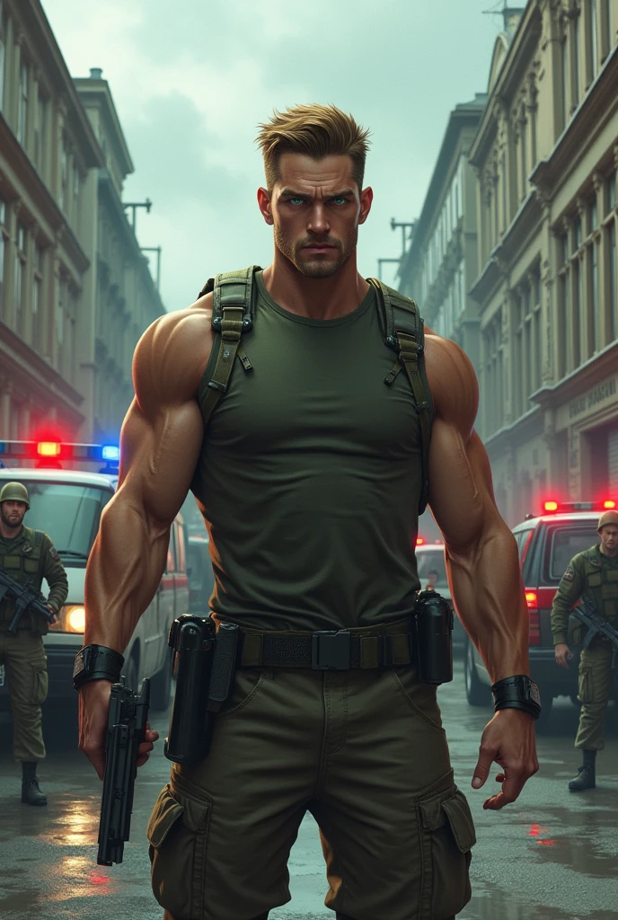 (Create a masterpiece: 1.2),(CGI art:1.3),(realistic:1.5),(After processing:1.3),(Sharp focus:1.3), (Chris Redfield), Shocked, open mouth wide, Arms beside the body, straight, front ,,(black hair), smile open mouth, (Wear color olive green round neck T-shirt: 1.5), (with a Police badge: 1.2), olive green cargo, black glove, (blood splatters) ,( abrasions on face: 1.2), (Blood stains on the face and body: 1.2), Korean guy , korean men, (High gloss details), chest muscles, large arm muscles, blood vessel, Big muscles, Broad shoulders, looking at the audience, Balancing the eyes, middle of the road , (Carrying a black backpack: 1.3) ,walk to camera ,(Fire blazes behind)