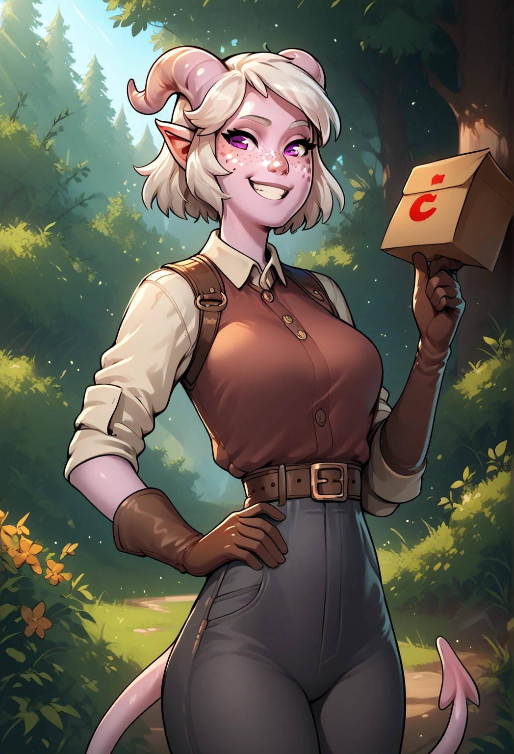 score_9, score_8_up, score_7_up,   1girl, A tiefling, Pointed ears, freckles,  tail, gloves,  white hair, your hair, , waist,  colored skin,  trousers ,  shirt , belt,  purple eyes  , smile,  leather delivery, Bow in hand, the forest, village in the background

