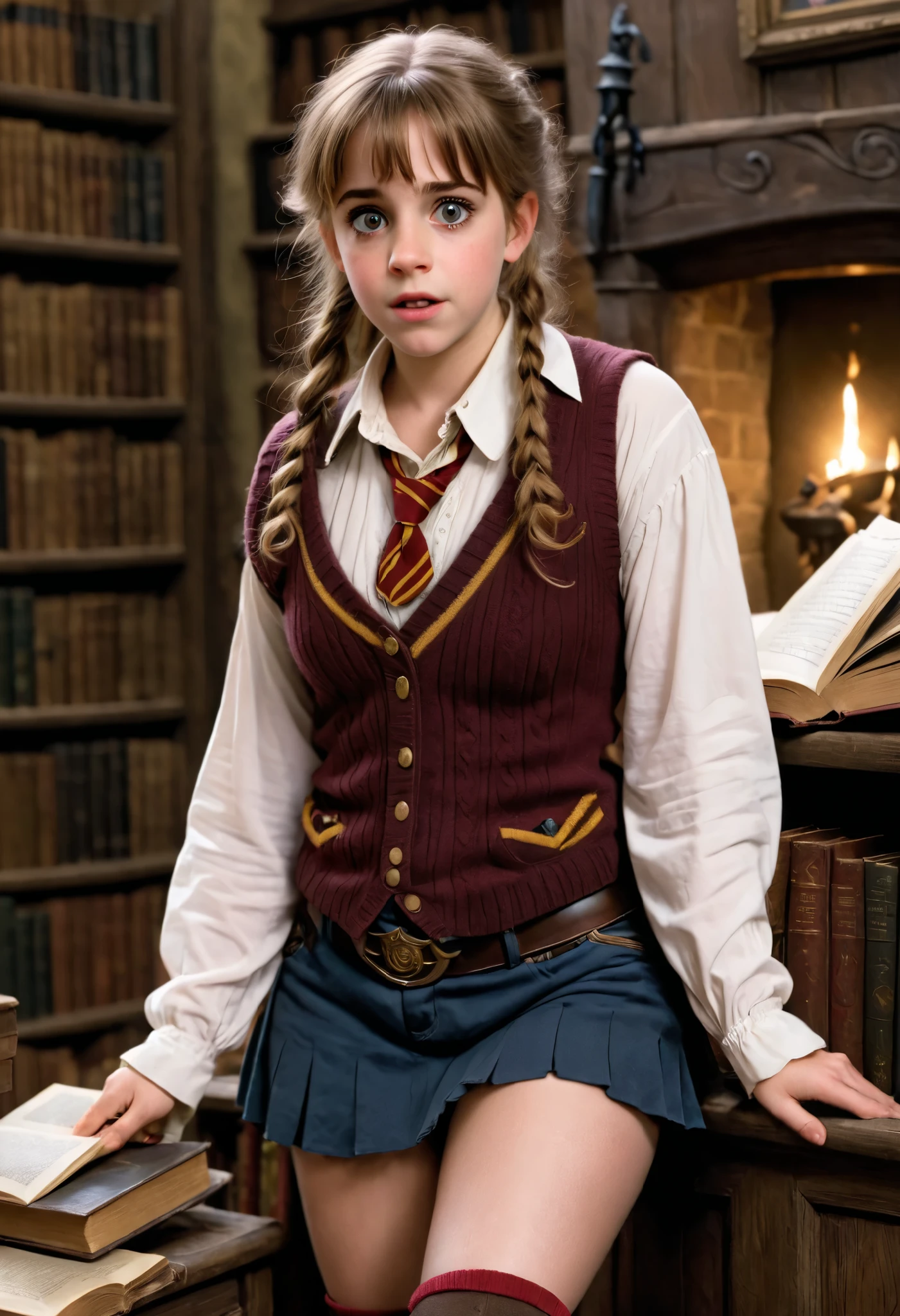 (masterpiece, best quality, amazing quality), solo, 1girl, hermione granger, (khyle.:0.8), cowboy shot, looking down, blush, open mouth, wide-eyed, surprised, book hug, thick thighhighs, breasts, indoor, hogwarts, sweater vest, brown eyes, embarrassed,