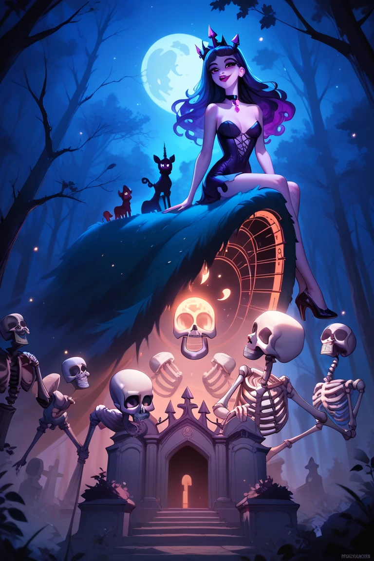 Beautiful princess witch, perfect face, petite body, Egirl, riding a unicorn skeleton, night rainbow, haunted forest, Spooky ghosts, grave stones, statues of angels, gargoyals, colorful image