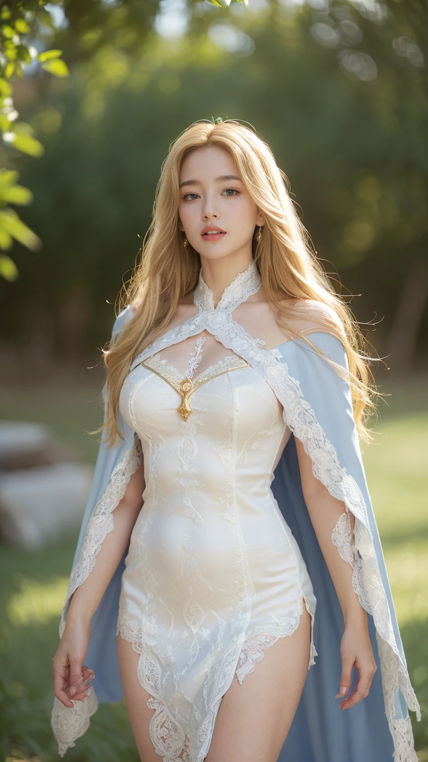   high res,   anatomically correct ,  Ultra high definition,   textured skin around the chest , woman、((Golden hair parted to the center)),   big breasts at the temple 、((  Fantasy World )), (((( Goddess Aphrodite )))),  muscular、((The background is a blue sky wrapped in light  )), (Walk towards here), (((  white goddess dress lace cape ))), Alone, 4K、 cowboy shot, 