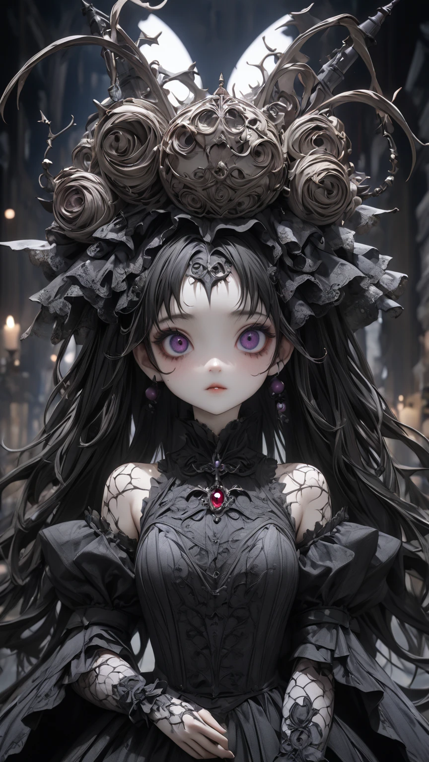 ((Лучшее качество)), ((шедевр)), (подробный), elf, vampire, black medium hair, gothic clothes, gothic, yellow eyes, blank stare, tall, medium hair, short bangs, pale skin, gothic style, blood, background of many bloody roses, lies in roses, bloody background, gothic aesthetics, curly black hair with bangs, neck decoration, a crown of thorns