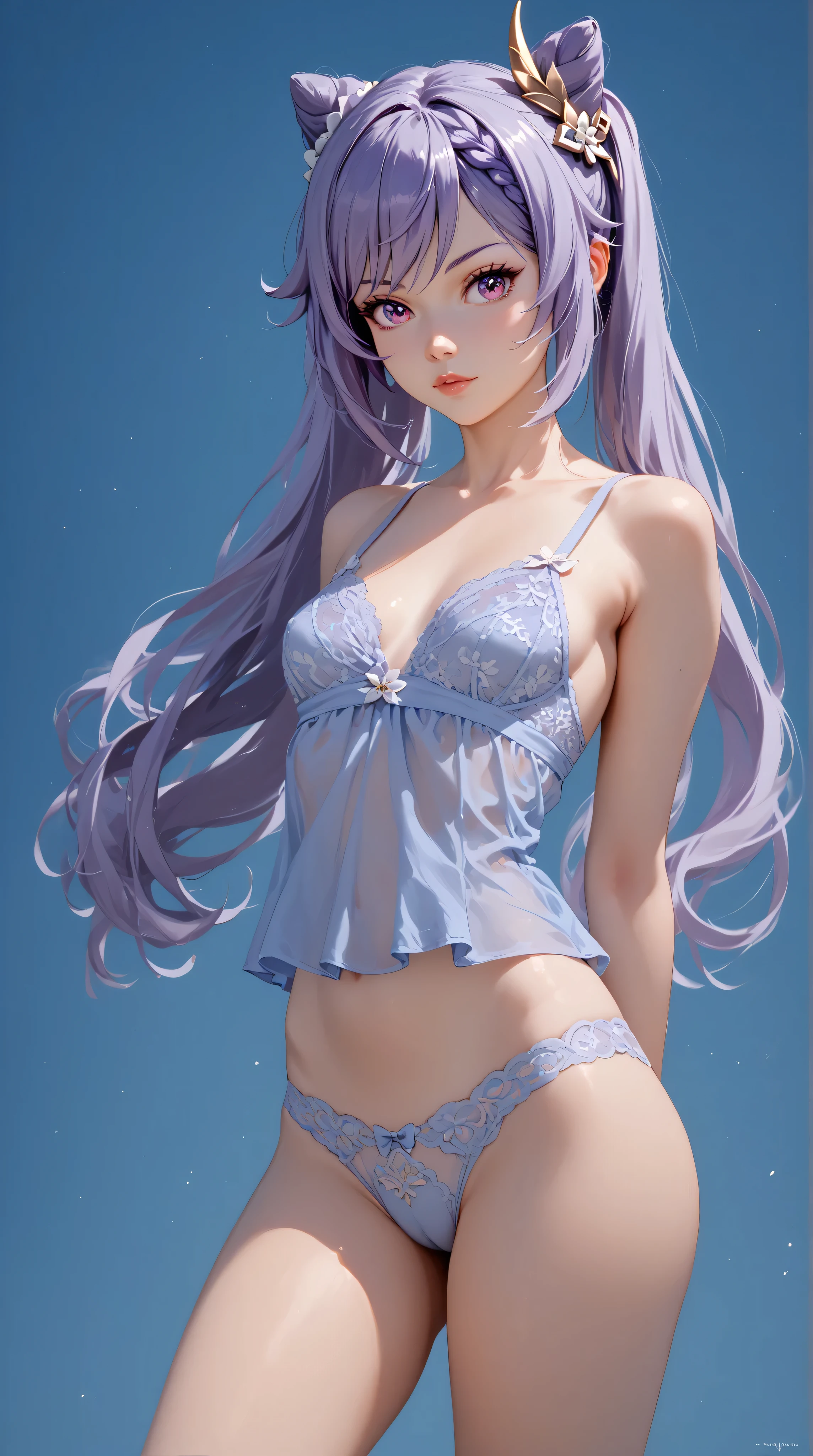 Keqing from genshin impact, purple hair, purple eyes, small breasts, slender legs, lingerie, standing in a relaxed contrapposto pose with her hands behind her back, she’s facing viewer straight, having a dramatic, neutral expression on her young face, her tank top revealing pronounced cleavage and sideboob, her long hair fluttering in the wind, with a pale color gradation, blending retro elements, contemporary digital art, and surrealism, with intricate details,
