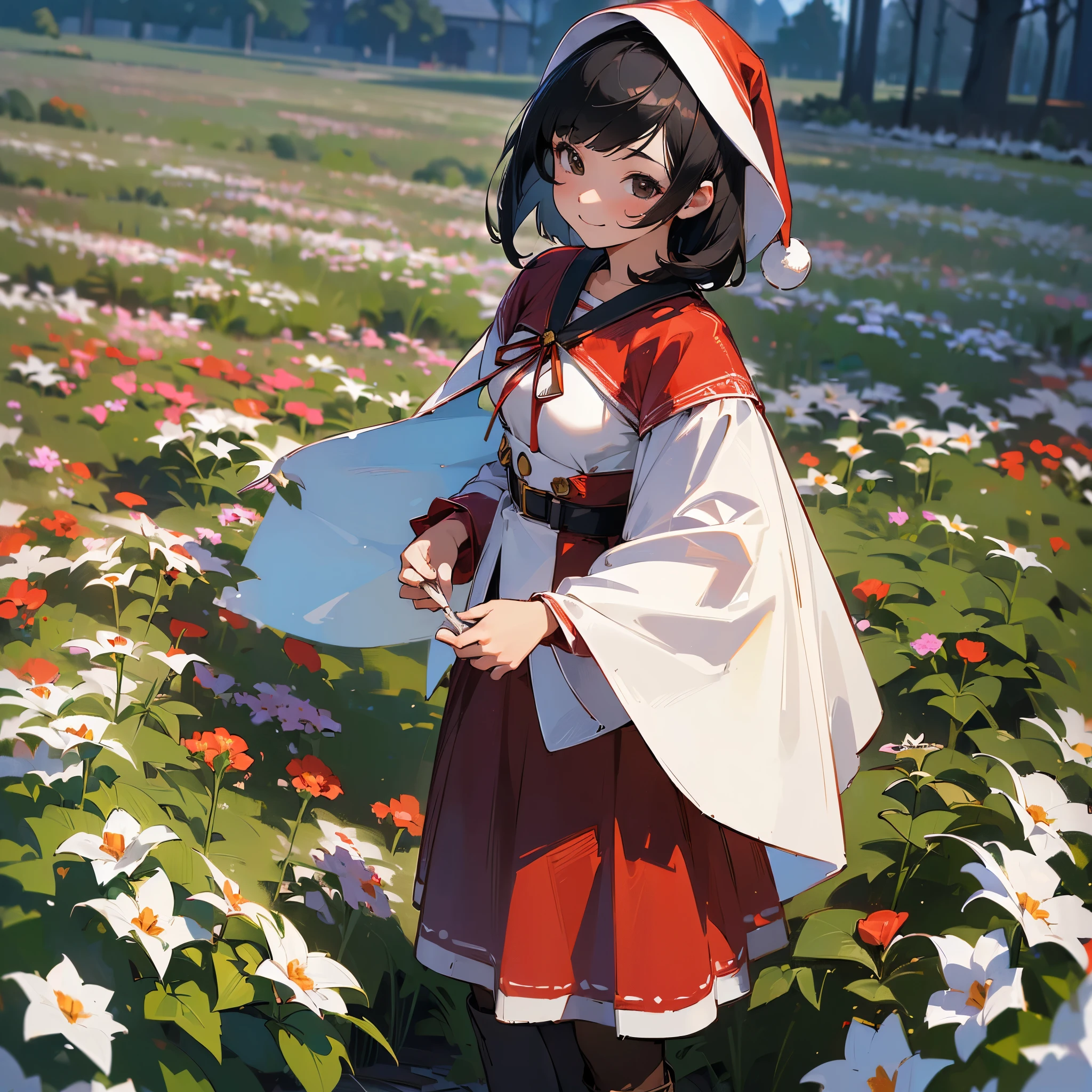 ( high quality,  High Resolution , Super detailed, Realism:1.37), Peaceful atmosphere, ( outdoor, garden),  ******* Girl Standing Alone, BEAUTIFUL DETAILED FEATURES ,  cute smile, (Black bob hair ),  Santa Claus costume,  red skirt ,  black tights, Brown boots.